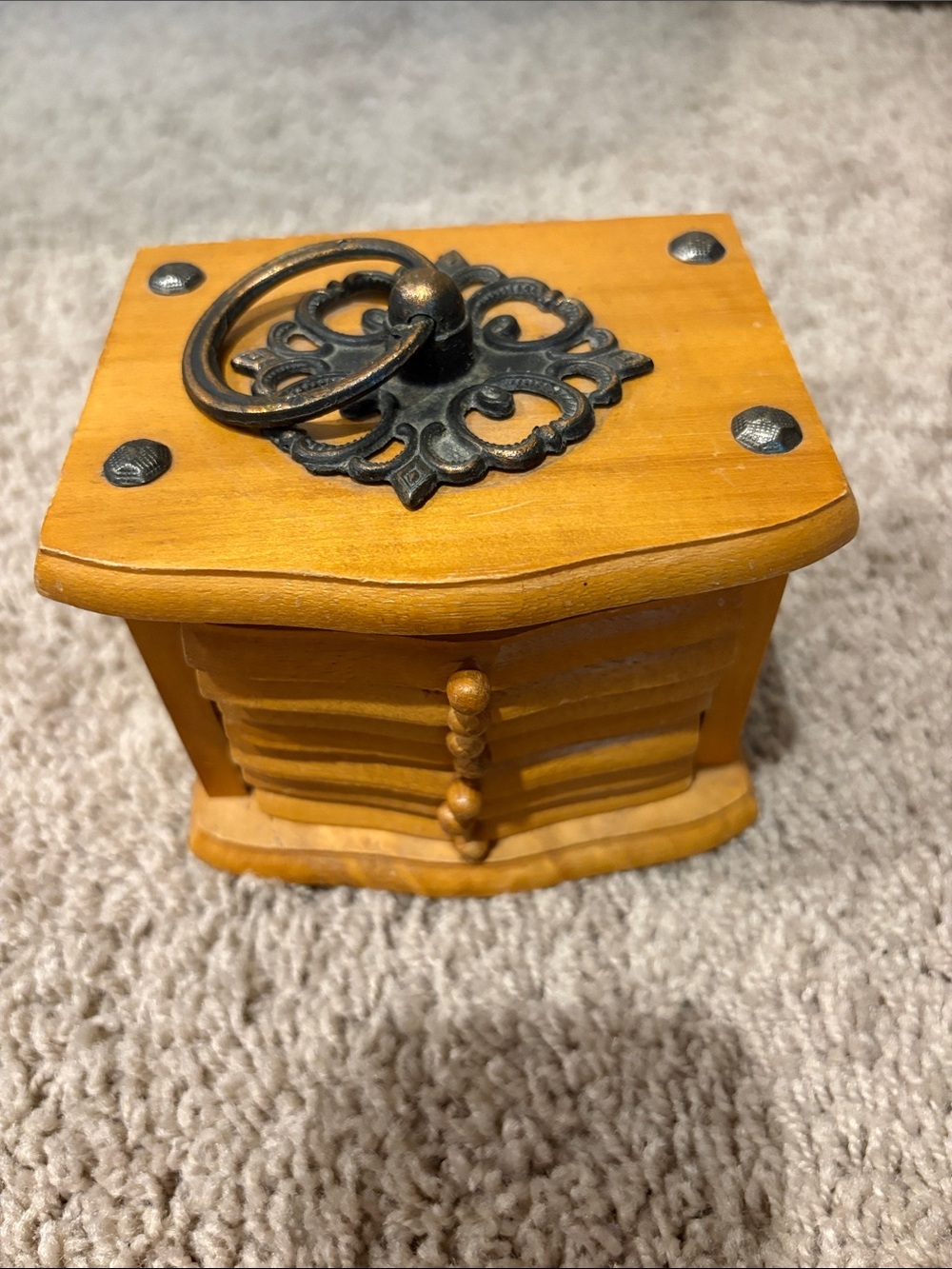 Wooden Jewelry Box with Antique Brass Ring Pull
